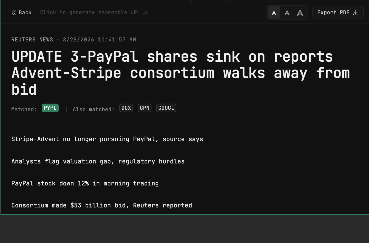 The story the price was reacting to, in full: Stripe-Advent no longer pursuing PayPal, analysts flagging the valuation gap, the stock already down 12% in morning trading — and the size of what died: a $53 billion bid.