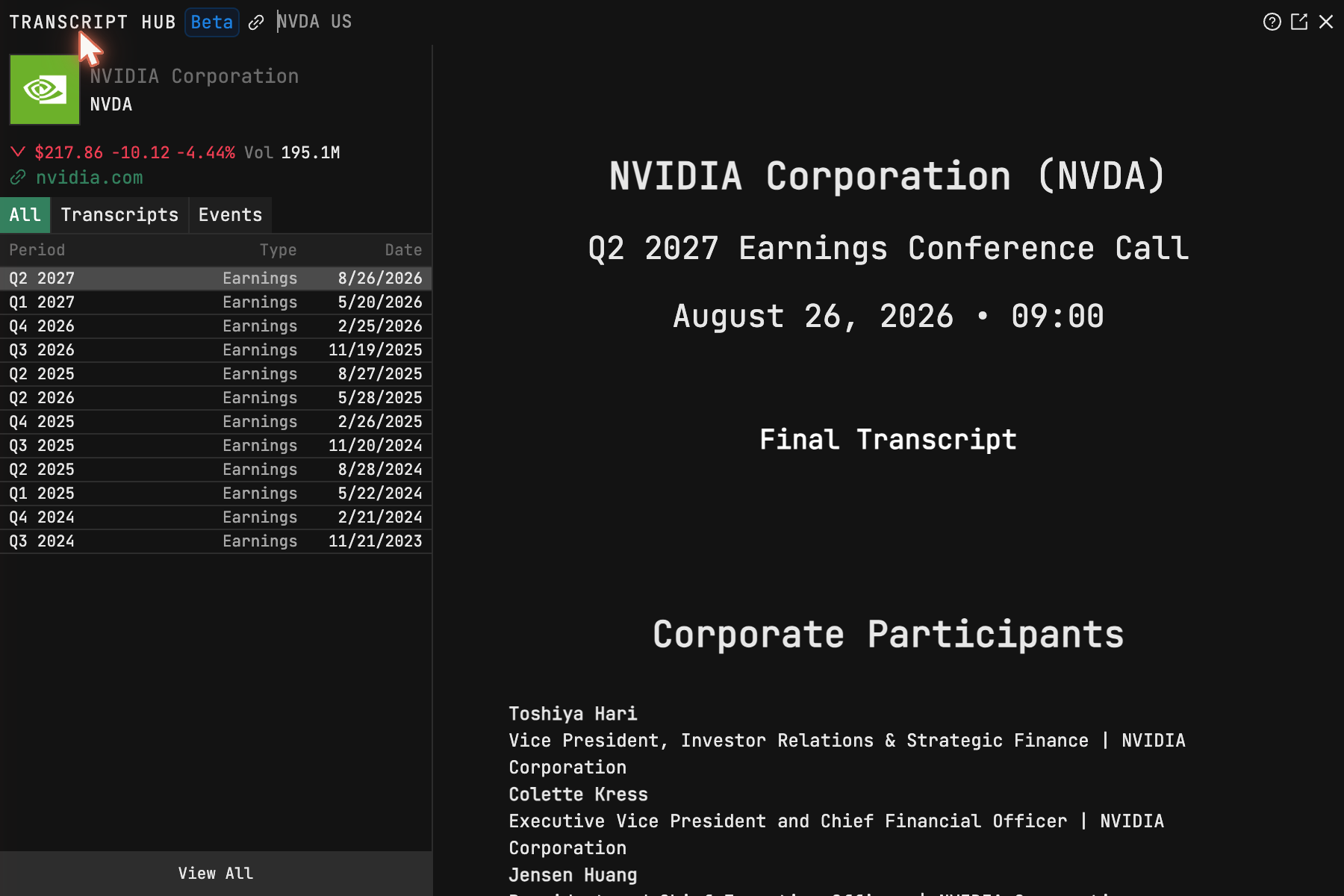 The transcript hub four days after the call: Q2 2027, final transcript, corporate participants — and the left rail holding every quarter back to 2023.